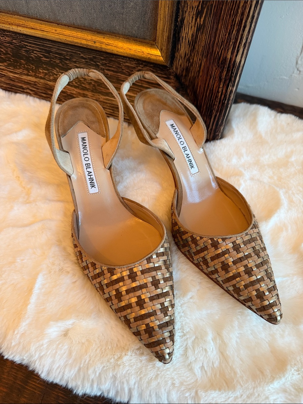 Manolo Blahnik Woven Brown and Tan Pointed Slingback Heels